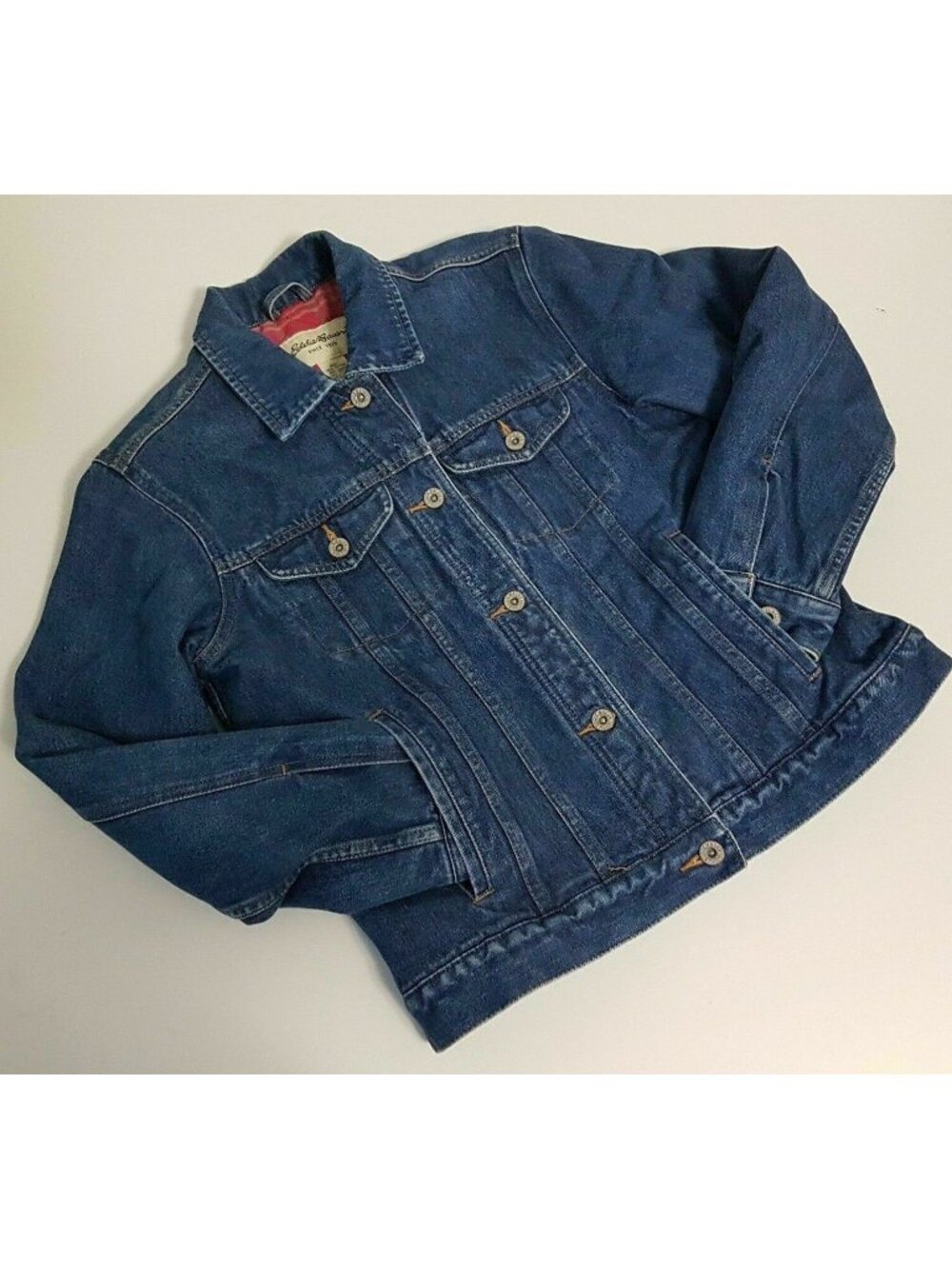 Eddie Bauer Women’s XS Flannel Lined Denim Jacket Blue Pink Plaid Vintage